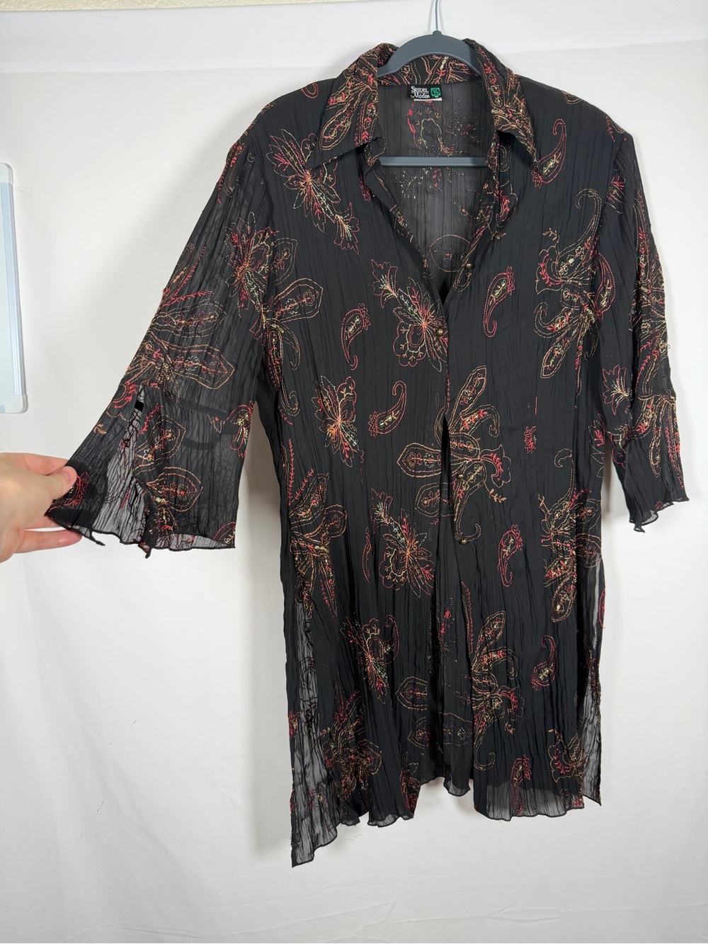 Vintage 90s Y2K Whimsigoth Fairy Grunge Crinkle Embroidered Layering Duster Too